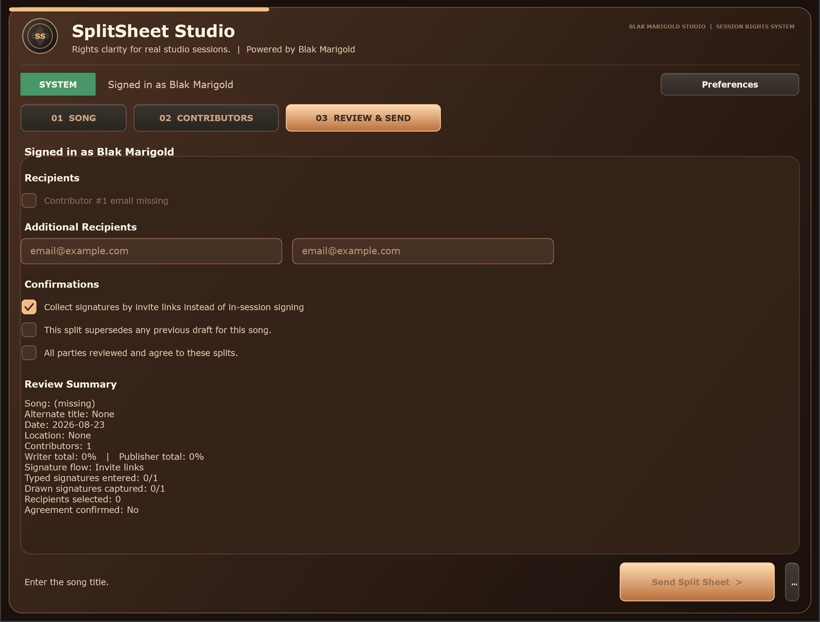 Split Sheet Studio plugin review, confirmations, recipients, and delivery screen