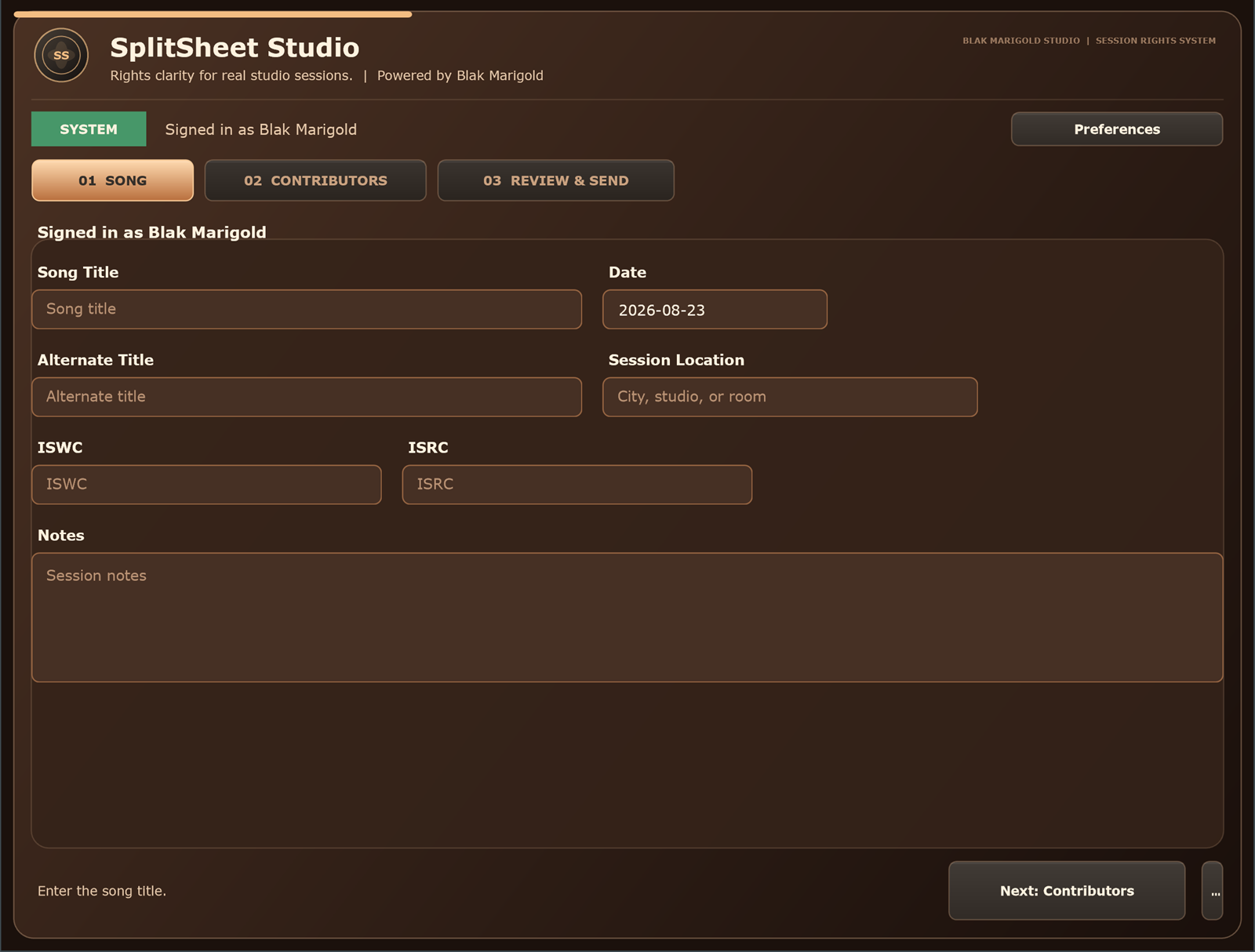 Split Sheet Studio plugin song information screen